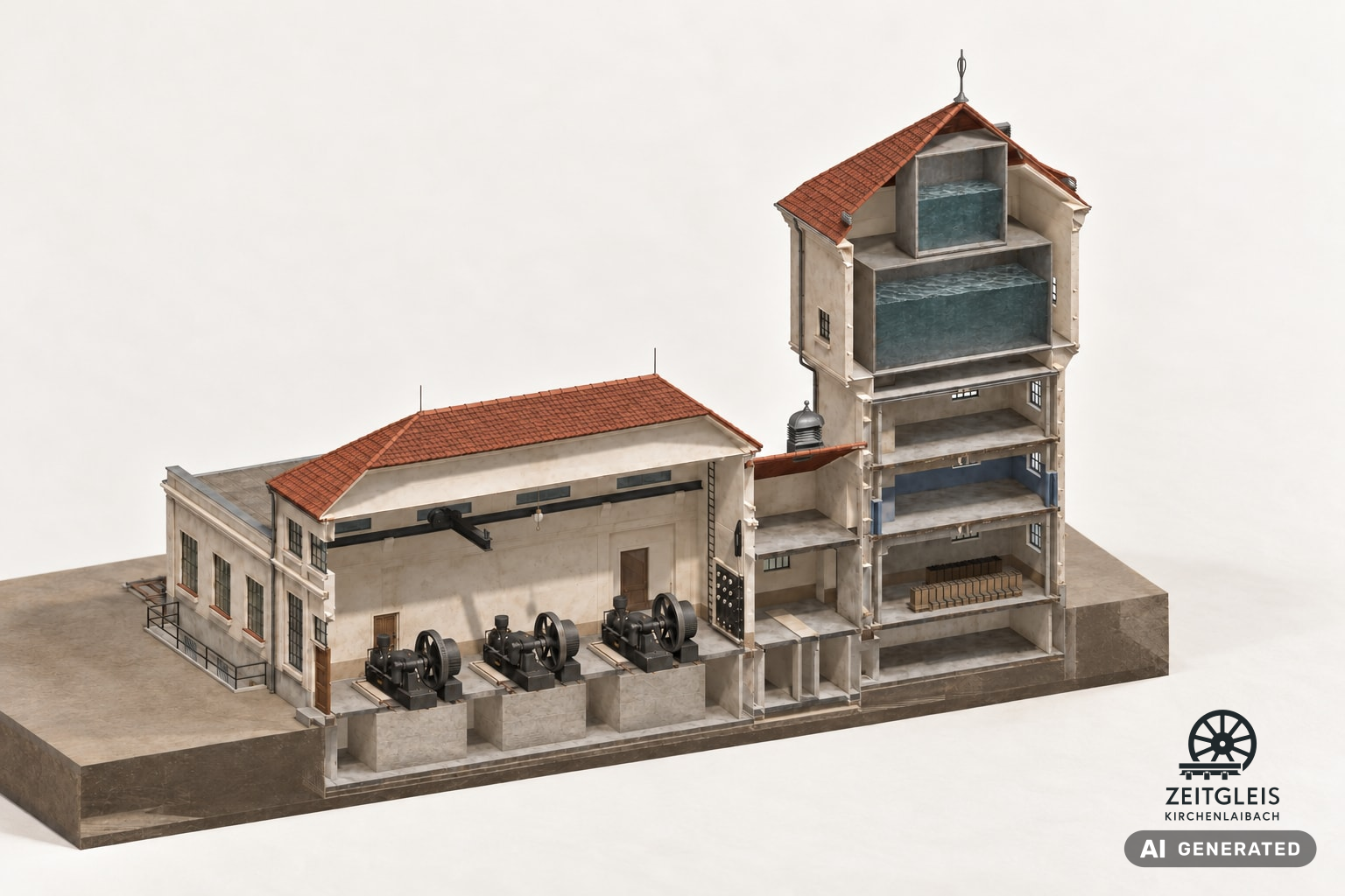 Illustrative Schnittansicht des Wasserturms mit zwei Tanks und angeschlossener Maschinenhalle