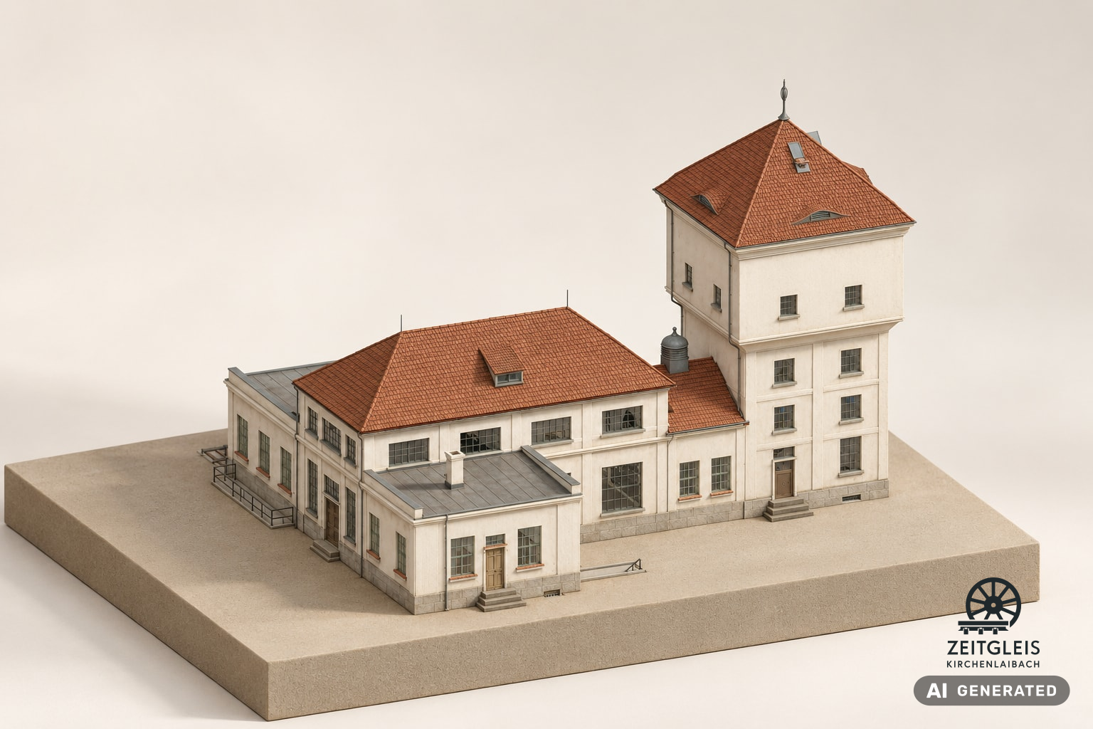 KI-generierte Außenansicht von Wasserturm und Maschinenhalle