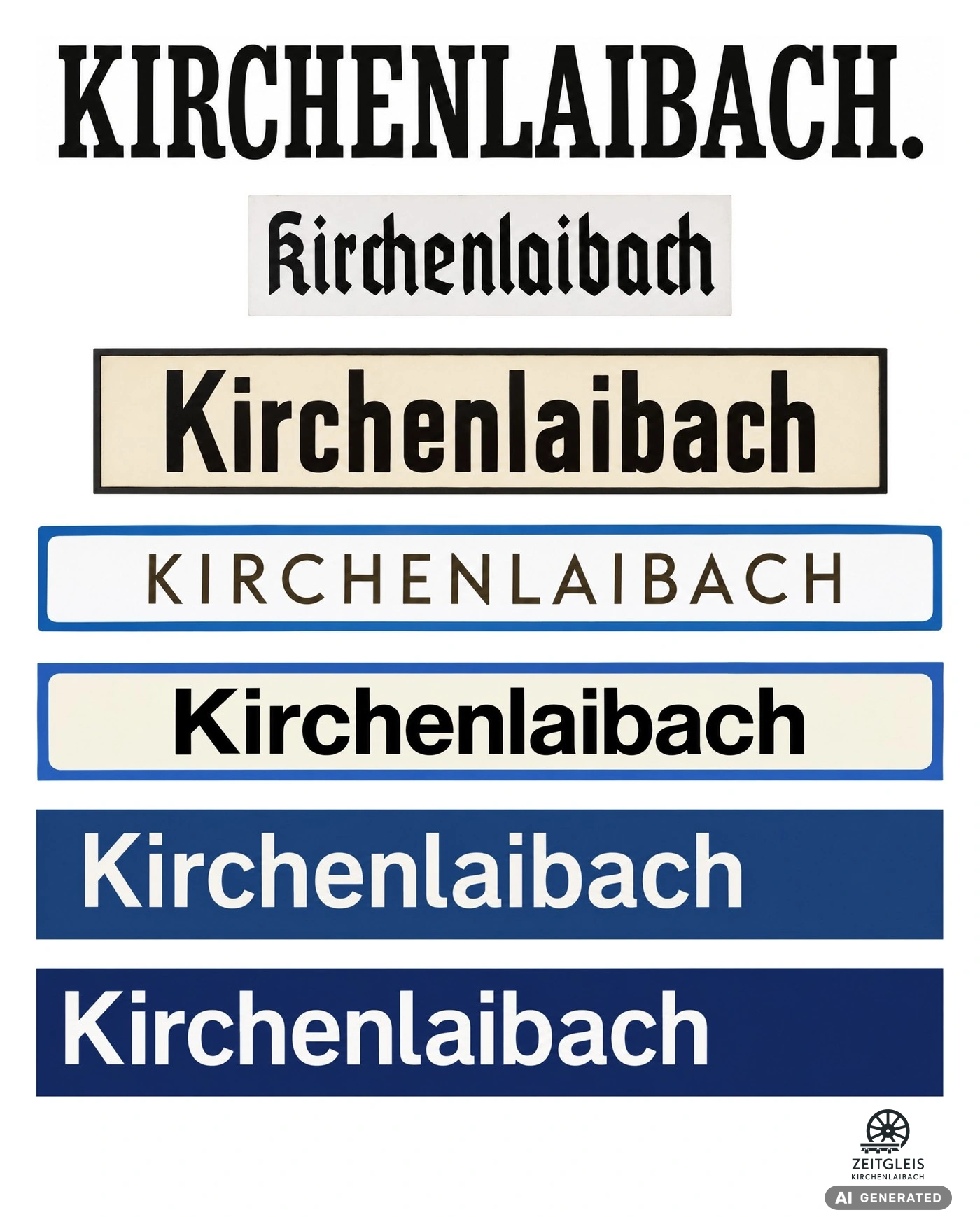 Sieben rekonstruierte Kirchenlaibach-Schilder: von schwarzer historischer Schrift auf hellem Grund bis zu weißen Buchstaben auf blauem Grund